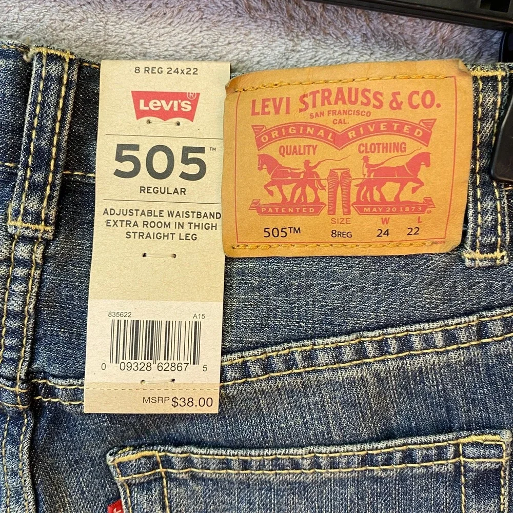 Levi's Boys 505 Regular Jeans 8 Reg 24x22 Blue Adjustable Waist NWT
